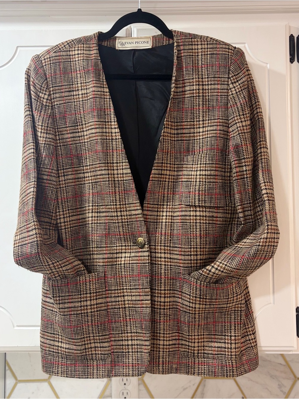 Vintage 70s Evan Picone ILGWU Union Made Glen Plaid Collarless V-Neck Blazer 10